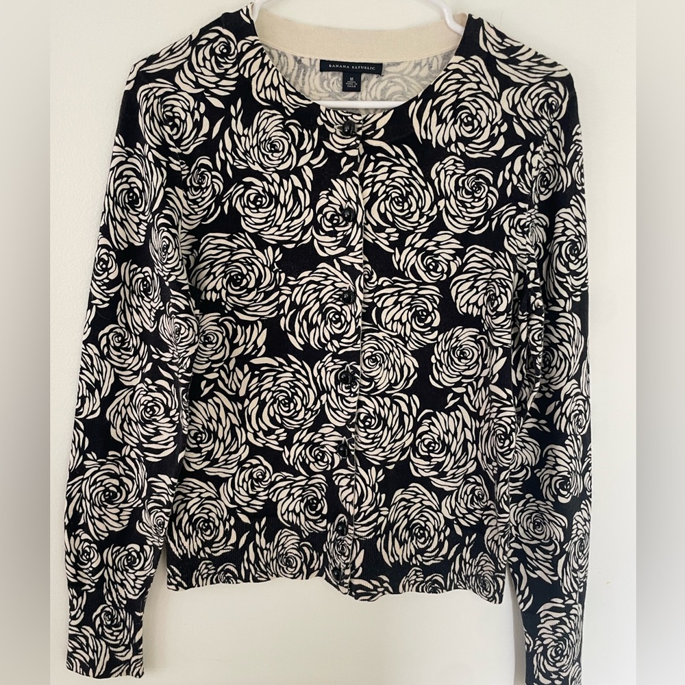 Banana Republic Black and White Floral Cardigan Sweater